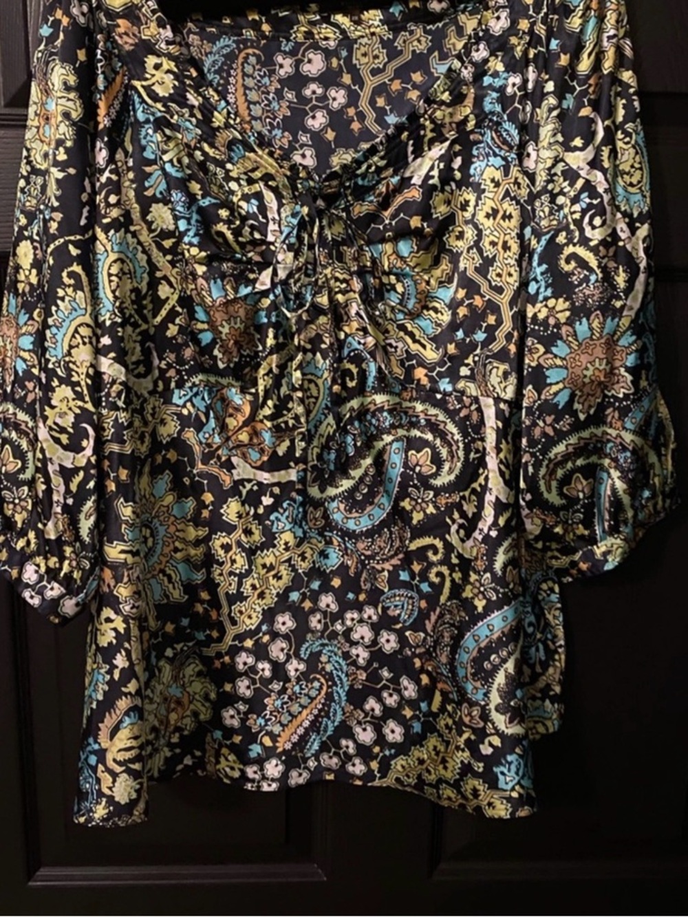 Paisley Tie-Neck Women’s Blouse in Black and Teal